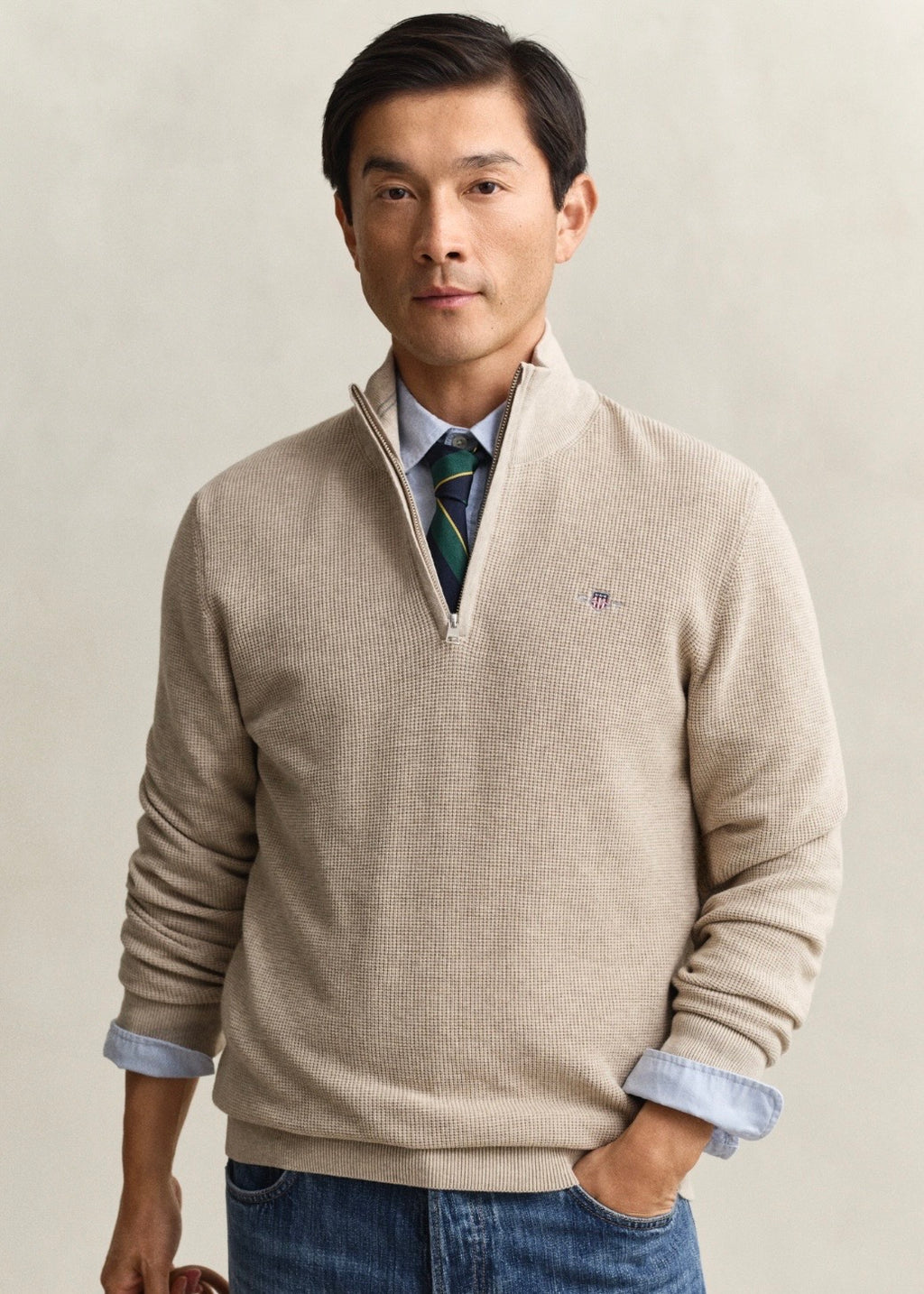 Micro Textured Cotton Half Zip Genser