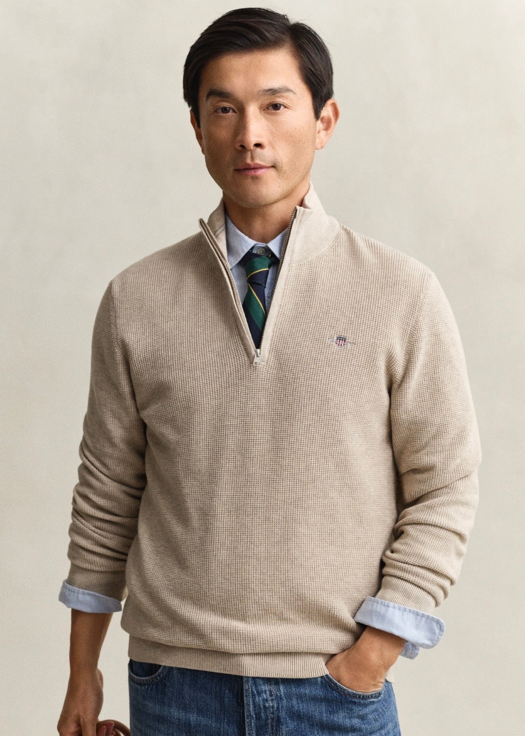 Micro Textured Cotton Half Zip Genser